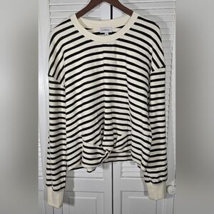 Evereve Cream Black Long Sleeve Noah Striped Twist Waist Drop Shoulder Top Sz L